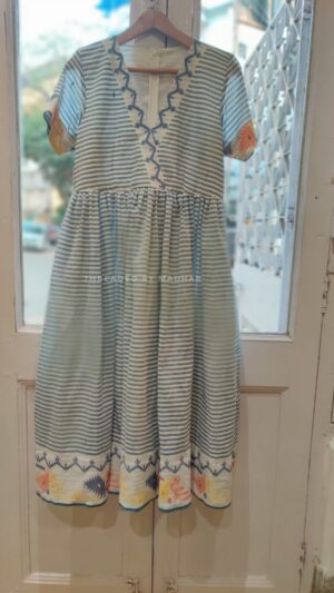 Cotton Jamdani Blue Stripe Long Dress