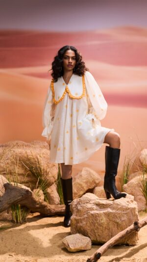 Mango Jamdani Puff Sleevs Short Dress