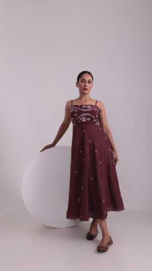 Maroon Jamdanii spaghetti dress