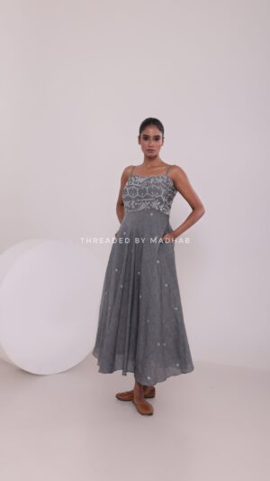 Gray Jamdani Spaghetti Dress