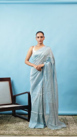 Soft Powder Blue 🩵 Lilen  tissue jamdanii saree